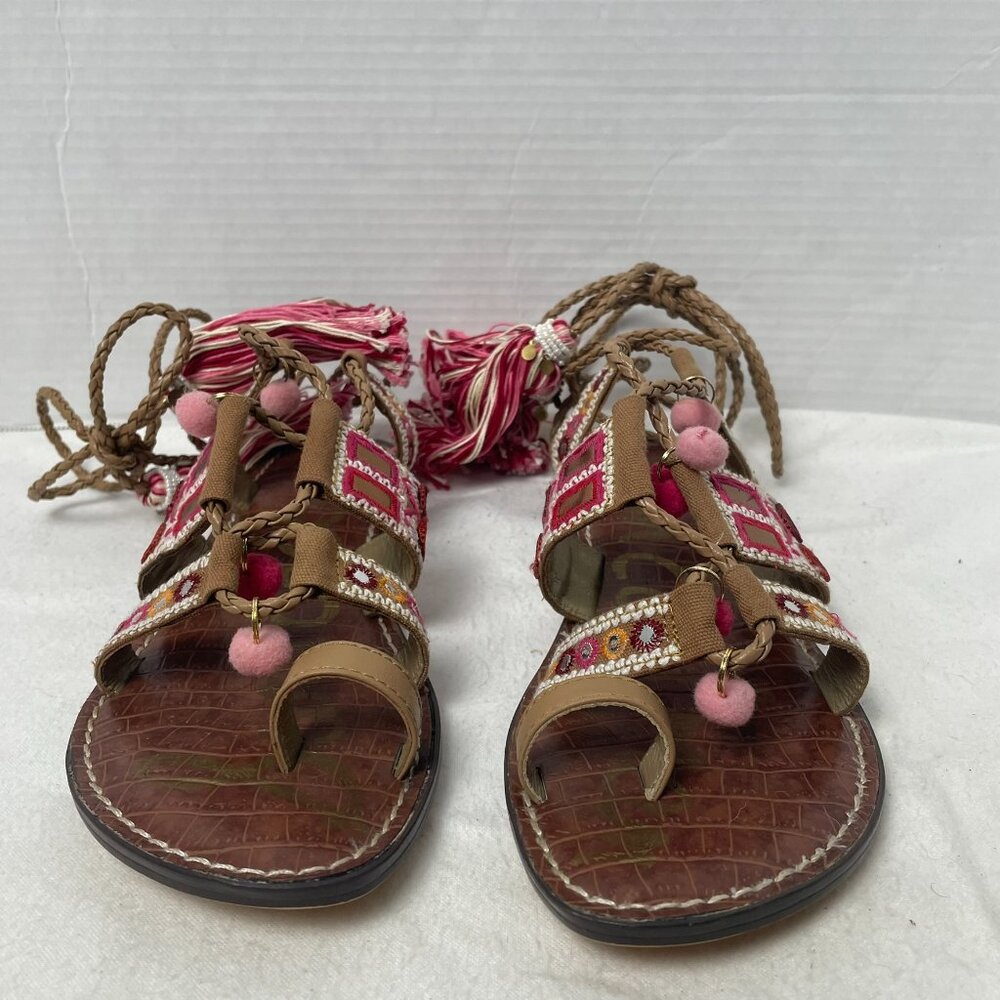 Sam Edelman Gretchen Boho Gladiator Tassel and Pompom Ankle Wrap Sandals - Picture 6 of 13
